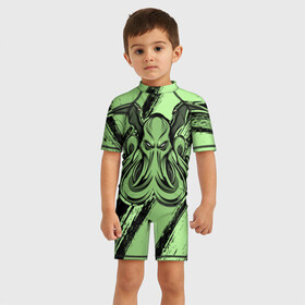 Детский купальный костюм 3D с принтом Ктулху в Петрозаводске, Полиэстер 85%, Спандекс 15% | застежка на молнии на спине | cthulhu | божество | кракен | лавкрафт | миф | монстр | океан | чудовище
