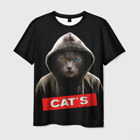 Мужская футболка 3D с принтом Кот в Петрозаводске, 100% полиэфир | прямой крой, круглый вырез горловины, длина до линии бедер | cat | глаза | животные | капюшон | кот | котенок | кошка | природа | хулиган