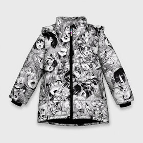 Зимняя куртка для девочек 3D с принтом Manga ahegao в Петрозаводске, ткань верха — 100% полиэстер; подклад — 100% полиэстер, утеплитель — 100% полиэстер. | длина ниже бедра, удлиненная спинка, воротник стойка и отстегивающийся капюшон. Есть боковые карманы с листочкой на кнопках, утяжки по низу изделия и внутренний карман на молнии. 

Предусмотрены светоотражающий принт на спинке, радужный светоотражающий элемент на пуллере молнии и на резинке для утяжки. | Тематика изображения на принте: ahegao | manga | ахегао | комиксы | лицо | манга | паттрен | чернобелый | эмоции