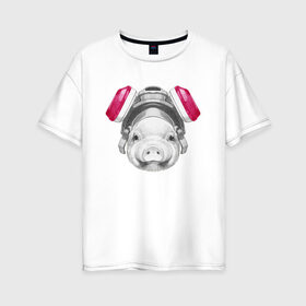 Женская футболка хлопок Oversize с принтом Хрюня в противогазе в Петрозаводске, 100% хлопок | свободный крой, круглый ворот, спущенный рукав, длина до линии бедер
 | breaking bad | во все тяжкие | джесси пинкман | свинка | свинья