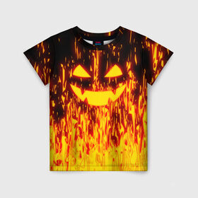 Детская футболка 3D с принтом FIRE PUMPKIN в Петрозаводске, 100% гипоаллергенный полиэфир | прямой крой, круглый вырез горловины, длина до линии бедер, чуть спущенное плечо, ткань немного тянется | fire | halloween | искры | огонь | праздник | тыква | хэллоуин