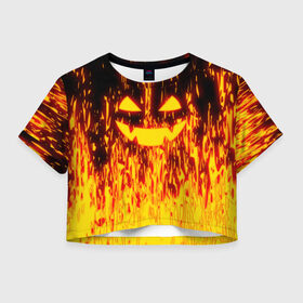 Женская футболка Cropp-top с принтом FIRE PUMPKIN в Петрозаводске, 100% полиэстер | круглая горловина, длина футболки до линии талии, рукава с отворотами | fire | halloween | искры | огонь | праздник | тыква | хэллоуин