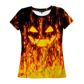 Женская футболка 3D с принтом FIRE PUMPKIN в Петрозаводске, 100% полиэфир ( синтетическое хлопкоподобное полотно) | прямой крой, круглый вырез горловины, длина до линии бедер | fire | halloween | искры | огонь | праздник | тыква | хэллоуин