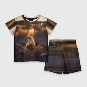 Детский костюм с шортами 3D с принтом Солнечный зайчик в Петрозаводске,  |  | Тематика изображения на принте: заяц | кролик | лес | пейзаж | поле | природа | пушистый | солнце | уши
