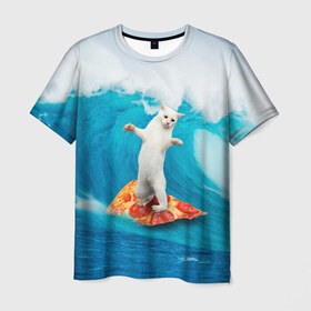 Мужская футболка 3D с принтом Кот Серфер в Петрозаводске, 100% полиэфир | прямой крой, круглый вырез горловины, длина до линии бедер | cat | fast | fastfood | food | meme | party | pizza | sea | serf | wave | вечеринка | волна | еда | кошак | кошка | мем | море | пицца | серф | фастфуд