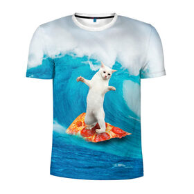 Мужская футболка 3D спортивная с принтом Кот Серфер в Петрозаводске, 100% полиэстер с улучшенными характеристиками | приталенный силуэт, круглая горловина, широкие плечи, сужается к линии бедра | Тематика изображения на принте: cat | fast | fastfood | food | meme | party | pizza | sea | serf | wave | вечеринка | волна | еда | кошак | кошка | мем | море | пицца | серф | фастфуд