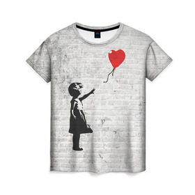 Женская футболка 3D с принтом Бэнкси: Девочка с Шаром в Петрозаводске, 100% полиэфир ( синтетическое хлопкоподобное полотно) | прямой крой, круглый вырез горловины, длина до линии бедер | Тематика изображения на принте: art | balloon | banksy | culture | girl | graffity | heart | hearts | red | арт | бэнкси | граффити | девочка | девочка с шаром | красный | красным | культура | сердечки | сердечко | сердце | стрит | шар | шарик | шариком