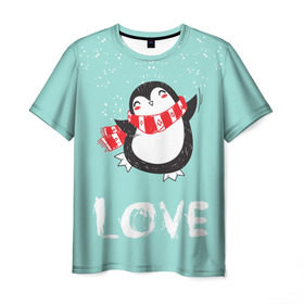 Мужская футболка 3D с принтом Пингвин LOVE в Петрозаводске, 100% полиэфир | прямой крой, круглый вырез горловины, длина до линии бедер | linux | детская | зима | зимняя | лёд | новый год | пингвин | пингвин в снегу | пингвин в шарфе | пингвин любовь | пингвинчик | пингвины | северный полюс | снег | холод