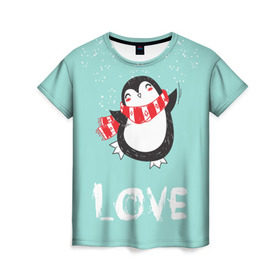 Женская футболка 3D с принтом Пингвин LOVE в Петрозаводске, 100% полиэфир ( синтетическое хлопкоподобное полотно) | прямой крой, круглый вырез горловины, длина до линии бедер | linux | детская | зима | зимняя | лёд | новый год | пингвин | пингвин в снегу | пингвин в шарфе | пингвин любовь | пингвинчик | пингвины | северный полюс | снег | холод