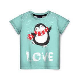 Детская футболка 3D с принтом Пингвин LOVE в Петрозаводске, 100% гипоаллергенный полиэфир | прямой крой, круглый вырез горловины, длина до линии бедер, чуть спущенное плечо, ткань немного тянется | linux | детская | зима | зимняя | лёд | новый год | пингвин | пингвин в снегу | пингвин в шарфе | пингвин любовь | пингвинчик | пингвины | северный полюс | снег | холод