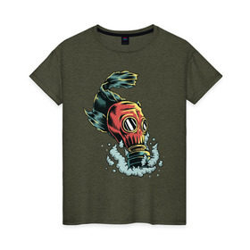 Женская футболка хлопок с принтом Рыба в противогазе в Петрозаводске, 100% хлопок | прямой крой, круглый вырез горловины, длина до линии бедер, слегка спущенное плечо | море | озеро | противогаз | рыба | рыбалка