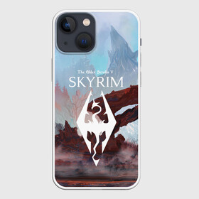 Чехол для iPhone 13 mini с принтом The Elder Scrolls SKYRIM в Петрозаводске,  |  | art game | art skyrim | forest | game | skyrim | the elder scrolls v skyrim | горы | довакин | древние свитки | игра | лес | небо | скайрим