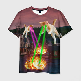 Мужская футболка 3D с принтом Кошачья Атака! в Петрозаводске, 100% полиэфир | прямой крой, круглый вырез горловины, длина до линии бедер | Тематика изображения на принте: attack | bomb | cat | lazer | meme | neon | party | вечеринка | взрыв | коты | кошак | кошка | лазер | мем | неон | огонь