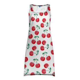 Платье-майка 3D с принтом Вишневое настроение в Петрозаводске, 100% полиэстер | полуприлегающий силуэт, широкие бретели, круглый вырез горловины, удлиненный подол сзади. | весна | вишня | красный | лето | листья | ягода