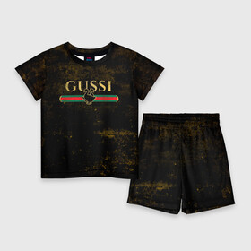 Детский костюм с шортами 3D с принтом GUSSI GOLD в Петрозаводске,  |  | Тематика изображения на принте: fasion | gold | gucci | gussi | trend | гусси | гуччи | золото | золотой | мода | одежда | тренд | тренды