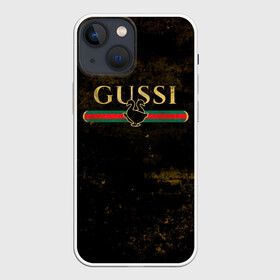 Чехол для iPhone 13 mini с принтом GUSSI GOLD в Петрозаводске,  |  | fasion | gold | gucci | gussi | trend | гусси | гуччи | золото | золотой | мода | одежда | тренд | тренды