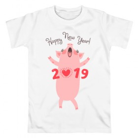 Мужская футболка хлопок с принтом Happy New Year 2019 в Петрозаводске, 100% хлопок | прямой крой, круглый вырез горловины, длина до линии бедер, слегка спущенное плечо. | 