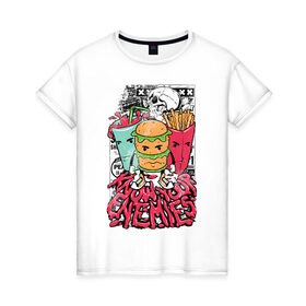Женская футболка хлопок с принтом Angry Food в Петрозаводске, 100% хлопок | прямой крой, круглый вырез горловины, длина до линии бедер, слегка спущенное плечо | бургер | газировка | граффити | еда | картошка | крест | рок | череп