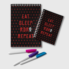 Блокнот с принтом Eat Sleep RDR2 Repeat в Петрозаводске, 100% бумага | 48 листов, плотность листов — 60 г/м2, плотность картонной обложки — 250 г/м2. Листы скреплены удобной пружинной спиралью. Цвет линий — светло-серый
 | Тематика изображения на принте: dead | die | eat | flag | game | games | gta | rdr | rdr2 | red | redemption | repeat | rockstar | sleep | sun | western | вестерн | выкуп | гта | дикий | запад | игра | игры | красный | мертвый | рдр | рдр2 | рокстар | солнце