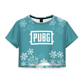 Женская футболка 3D укороченная с принтом PUBG Новогодний в Петрозаводске, 100% полиэстер | круглая горловина, длина футболки до линии талии, рукава с отворотами | 