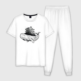 Мужская пижама хлопок с принтом Whale forest в Петрозаводске, 100% хлопок | брюки и футболка прямого кроя, без карманов, на брюках мягкая резинка на поясе и по низу штанин
 | абстракция | кит | лес | природа