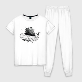 Женская пижама хлопок с принтом Whale forest в Петрозаводске, 100% хлопок | брюки и футболка прямого кроя, без карманов, на брюках мягкая резинка на поясе и по низу штанин | абстракция | кит | лес | природа