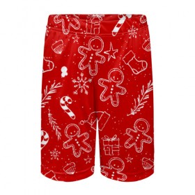 Детские спортивные шорты 3D с принтом Новогоднее настроение RED в Петрозаводске,  100% полиэстер
 | пояс оформлен широкой мягкой резинкой, ткань тянется
 | настроение | новый год | печенье | подарки
