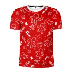 Мужская футболка 3D спортивная с принтом Новогоднее настроение RED в Петрозаводске, 100% полиэстер с улучшенными характеристиками | приталенный силуэт, круглая горловина, широкие плечи, сужается к линии бедра | Тематика изображения на принте: настроение | новый год | печенье | подарки