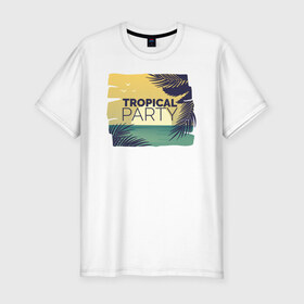 Мужская футболка хлопок Slim с принтом Тропическое лето в Петрозаводске, 92% хлопок, 8% лайкра | приталенный силуэт, круглый вырез ворота, длина до линии бедра, короткий рукав | лето | море | отдых | пальма | песок | пляж | путешествия | солнце