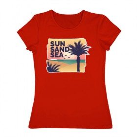 Женская футболка хлопок с принтом Солнце, песок, море в Петрозаводске, 100% хлопок | прямой крой, круглый вырез горловины, длина до линии бедер, слегка спущенное плечо | лето | море | отдых | пальма | песок | пляж | путешествия | солнце