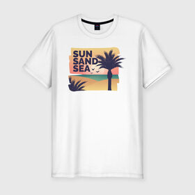 Мужская футболка хлопок Slim с принтом Солнце, песок, море в Петрозаводске, 92% хлопок, 8% лайкра | приталенный силуэт, круглый вырез ворота, длина до линии бедра, короткий рукав | лето | море | отдых | пальма | песок | пляж | путешествия | солнце