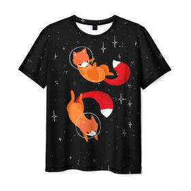 Мужская футболка 3D с принтом Лисички в Космосе в Петрозаводске, 100% полиэфир | прямой крой, круглый вырез горловины, длина до линии бедер | cute | fox | foxes | ginger | space | tail | забавная | космическая | космонавт | космонавты | космос | лис | лиса | лисица | лисицы | лисичка | лисички | лисы | милая | рыжая | рыжие | скафандр | смешная | фыр | хвост