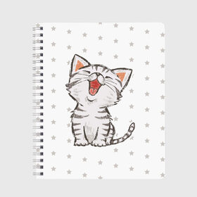 Тетрадь с принтом Милейший Котик в Петрозаводске, 100% бумага | 48 листов, плотность листов — 60 г/м2, плотность картонной обложки — 250 г/м2. Листы скреплены сбоку удобной пружинной спиралью. Уголки страниц и обложки скругленные. Цвет линий — светло-серый
 | Тематика изображения на принте: cat | cats | cute | kitten | kitty | pussy | smile | звезды | кот | котенок | котик | котики | коты | котята | кошечка | кошечки | кошка | кошки | милая | милота | милый | полосатый | смеется | улыбается | улыбака | улыбка