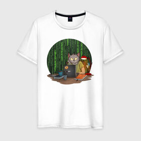 Мужская футболка хлопок с принтом IT - кот в Петрозаводске, 100% хлопок | прямой крой, круглый вырез горловины, длина до линии бедер, слегка спущенное плечо. | birdborn | it | компьютер | кот | подарок | программист | профессия