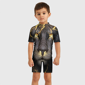 Детский купальный костюм 3D с принтом Лев с молнией в Петрозаводске, Полиэстер 85%, Спандекс 15% | застежка на молнии на спине | глаза | гроза | зверь | король | кот | кошка | прайд | царь | шрам