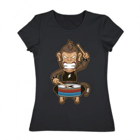 Женская футболка хлопок с принтом Обезьяна и барабан в Петрозаводске, 100% хлопок | прямой крой, круглый вырез горловины, длина до линии бедер, слегка спущенное плечо | барабан | обезьяны | рок