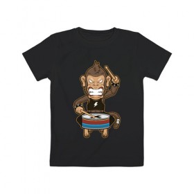 Детская футболка хлопок с принтом Обезьяна и барабан в Петрозаводске, 100% хлопок | круглый вырез горловины, полуприлегающий силуэт, длина до линии бедер | барабан | обезьяны | рок