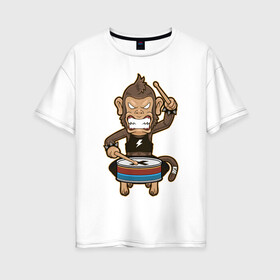 Женская футболка хлопок Oversize с принтом Обезьяна и барабан в Петрозаводске, 100% хлопок | свободный крой, круглый ворот, спущенный рукав, длина до линии бедер
 | барабан | обезьяны | рок