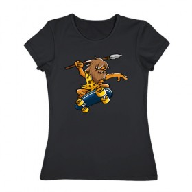 Женская футболка хлопок с принтом Пещерный Человек на Скейте в Петрозаводске, 100% хлопок | прямой крой, круглый вырез горловины, длина до линии бедер, слегка спущенное плечо | 