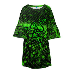 Детское платье 3D с принтом RAZER в Петрозаводске, 100% полиэстер | прямой силуэт, чуть расширенный к низу. Круглая горловина, на рукавах — воланы | Тематика изображения на принте: 101 | brand | company | gamer | green | logo | mamba | naga | player | razer | rzr | snake | бренд | железо | зеленый | змея | компания | лого | рейзер | софт