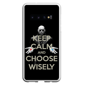 Чехол для Samsung Galaxy S10 с принтом Keep calm and choose wisely в Петрозаводске, Силикон | Область печати: задняя сторона чехла, без боковых панелей | art | film | keep calm | matrix | neo | ttdwakeupneo | выбирай с умом | выбор | кип калм | красная | матрица | морфиус | нео | пилюли | реальность | руки | синяя | тринити | черный