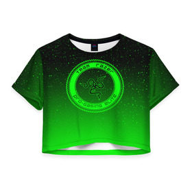 Женская футболка 3D укороченная с принтом RAZER SPACE в Петрозаводске, 100% полиэстер | круглая горловина, длина футболки до линии талии, рукава с отворотами | 101 | brand | company | gamer | green | logo | mamba | naga | player | razer | rzr | snake | space | бренд | железо | зеленый | змея | компания | космос | лого | рейзер | софт