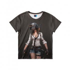 Детская футболка 3D с принтом PUBG girl в Петрозаводске, 100% гипоаллергенный полиэфир | прямой крой, круглый вырез горловины, длина до линии бедер, чуть спущенное плечо, ткань немного тянется | Тематика изображения на принте: battle | battlegrounds | deathmatch | playerunknowns | royale | бой | выживание | девушка | оружие | состязание