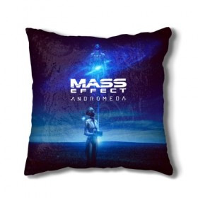 Подушка 3D с принтом MASS EFFECT ANDROMEDA в Петрозаводске, наволочка – 100% полиэстер, наполнитель – холлофайбер (легкий наполнитель, не вызывает аллергию). | состоит из подушки и наволочки. Наволочка на молнии, легко снимается для стирки | amdromeda initiative | andromeda | game | gun | hemet | n7 | rifle | ryder | soldier | space | star | weapon