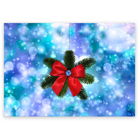 Поздравительная открытка с принтом Новогодний бантик в Петрозаводске, 100% бумага | плотность бумаги 280 г/м2, матовая, на обратной стороне линовка и место для марки
 | Тематика изображения на принте: christmas | cookie | gift | gingerbread | new | present | snow | snowflakes | three | xmas | year | год | ёлка | ель | новый | подарок | пряник | рождество | снег | снежинки | сюрприз