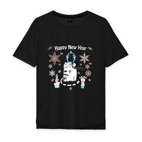 Мужская футболка хлопок Oversize с принтом Котейко Счастливый Новый год в Петрозаводске, 100% хлопок | свободный крой, круглый ворот, “спинка” длиннее передней части | котики | коты | кошки | новый год