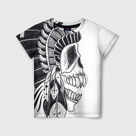 Детская футболка 3D с принтом Индейский демон в Петрозаводске, 100% гипоаллергенный полиэфир | прямой крой, круглый вырез горловины, длина до линии бедер, чуть спущенное плечо, ткань немного тянется | indian | skeleton | skull | демон | индеец | перья | скелет | череп