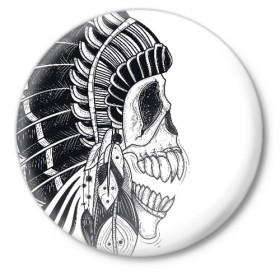 Значок с принтом Индейский демон в Петрозаводске,  металл | круглая форма, металлическая застежка в виде булавки | indian | skeleton | skull | демон | индеец | перья | скелет | череп