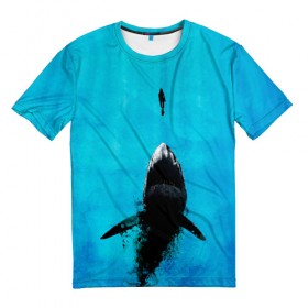 Мужская футболка 3D с принтом Акула на охоте в Петрозаводске, 100% полиэфир | прямой крой, круглый вырез горловины, длина до линии бедер | акула | женщина | море | охота | рыба | хищник