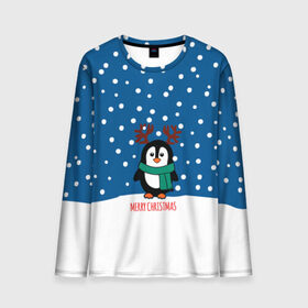 Мужской лонгслив 3D с принтом Праздничный пингвинчик в Петрозаводске, 100% полиэстер | длинные рукава, круглый вырез горловины, полуприлегающий силуэт | christmas | deer | new | pinguin | snow | snowflakes | winter | xmas | year | год | зима | новый | олень | пингвин | рождество | снег | снежинки